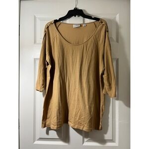Avenue Womens Camel Tan Snap Button 3/4 Sleeve Scoop Neck Top Plus Size 18/20